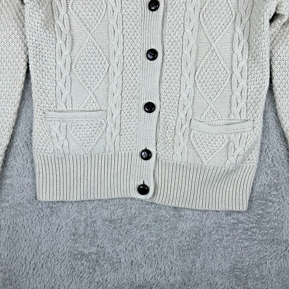 Fenn Wright Manson Cable Knit Cardigan Women's M‎ Ivory Wool Blend Elbow Patches